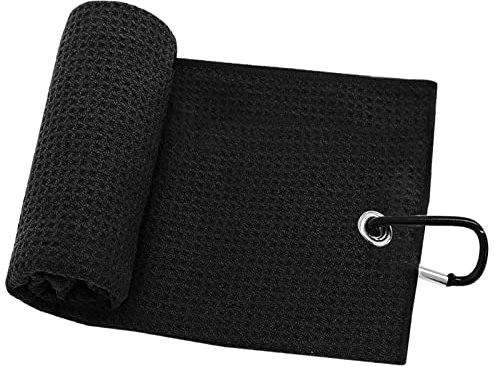 FINGER TEN Golf Towels with Magnetic Retractable Carabiner Clip Waffle 15.7X15.7 Value 2/3 Pack, Microfiber Absorbent Golf Towel Set for Golf Bags Men Women (Black-2 Pack)