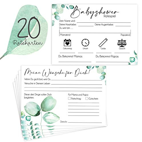cozy racoon Babyshower Spiele Set, 5 Babyparty-Spiele (je 12 Stück) zum Ausfüllen - für Jungen und Mädchen I Persönliches Geschenk für Schwangere - Design Eukalyptus