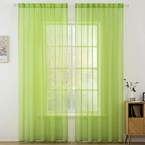 MIULEE Voile Vorhang Transparente Gardine aus Voile Einfarbig Stangendurchzug Transparent Wohnzimmer Luftig Dekoschal für Schlafzimmer 2er Set 160 x 140cm (H x B), Rod Pocket Hellgrün