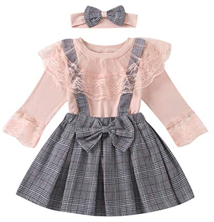 Verve Jelly Neonate Reggicalze Gonna Set Maglietta A Maniche Lunghe Top in Pizzo Plaid Gonna Outfit Bambino Vestiti per Bambini, Rosa, 120, 4-5 Anni
