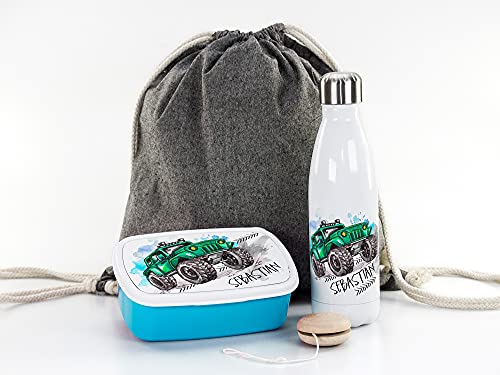 GRAZDesign Brotdose mit Trinkflasche personalisiert mit Namen, Geschenk zum Schulanfang Geschenke-Set Junge Einschulung Monstertruck, inkl. Sportbeutel