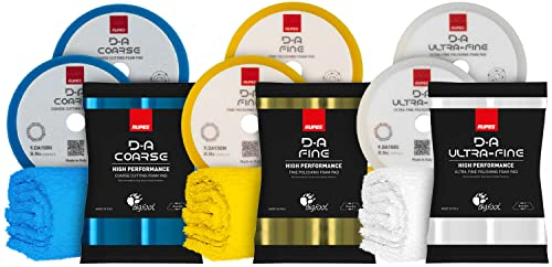 Polierpad Set: Rupes Bigfoot Polierschwamm für 125mm Stützteller - D-A Coarse + Fine + Ultrafine Ø130-150mm blau/gelb/weiß (6 STK.) + ChemicalWorkz Premium Poliertuch 500GSM | 9-teilig