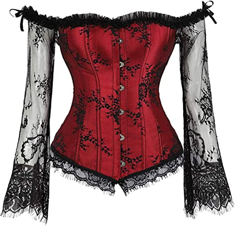 JozAdy Women's Gothic Off Shoulder Corset Top, Lace Floral Overbust Bustier with Sheer Long Lace Sleeves, Vintage Victorian Steampunk Corset for Party & Renaissance Costumes