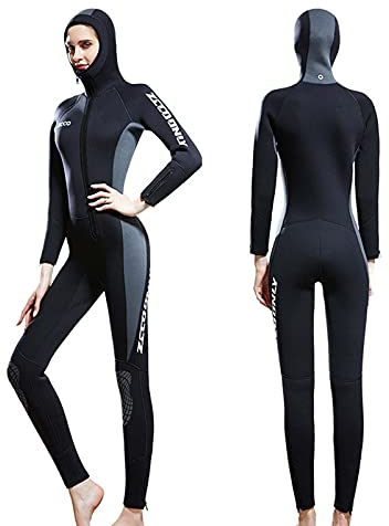 Damen Neoprenanzug mit Kapuze, 5 mm Neopren, Reißverschluss vorne, Winter, ultra-Stretch, Ganzkörper-Thermo-Tauchanzug für Damen für Tauchen, Schwarzgrau, L