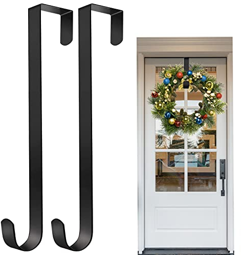 2 Pcs 15 Christmas Wreath Hanger for Front Door, Metal Wreath Door Hangers Over The Door, Christmas Wreath Hanging Hook Wreath Coat Hanger for Christmas Halloween Xmas Garland Decorations (Black)