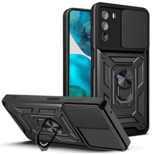 ESTH® Case for Motorola Moto G62 5G with Slide Camera Cover, Military Grade Shockproof Protective Cover with Rotatable Metal Ring Kickstand [Support Magnetic Car Mount], Black