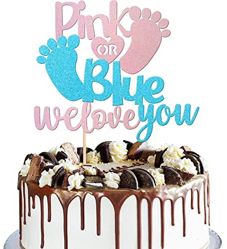Xsstarmi 1 Pack Pink or Blue Cake Topper Glitter Baby Feet We Love You Cake Pick Gender Reveal Cake Decorations for Gender Reveal Baby Shower Theme Kids Birthday Party Decoration Supplies