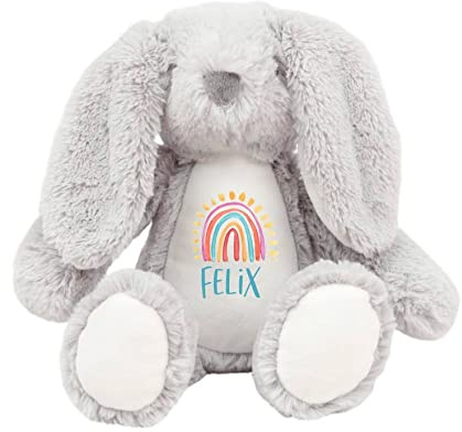 Selket's Shop Regenbogen Teddy Kuscheltier Einhorn Plüschhase Osterhase Eule personalisiert mit Name (Hase grau)
