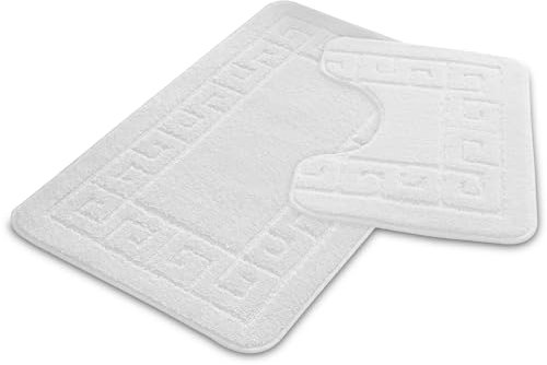 VELVETIO Bath Mat Set 2 Piece Machine Washable for Bathroom, Jacquard Greek Non Slip Quick Dry Shower Rugs & Bathtub Mats, Highly Water Absorbent 100% Polypropylene Toilet Rug Sets, White