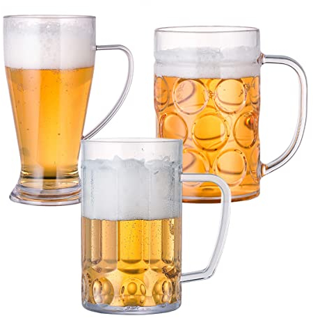WDOPEN Lot de 3 tasses à bière classiques en acrylique incassable, idéales pour l'intérieur et l'extérieur, réutilisables, transparentes