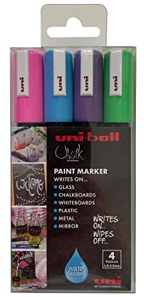 uni-ball PWE-5M Liquid Chalk Pens. Multi-Purpose Wipeable Coloured Markers for Blackboards, Chalkboards, Whiteboards, Glass, Mirrors, Plastic, Windows, Metal. Safe for Kids. Bullet Tip. 4 Pack
