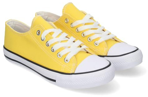 shoes&blues.es 74808-Zapatilla Plana de Mujer, Comoda, con Material de Lona, Estilo Bamba Casual, y Cierre de Cordones. Talla 38 Amarillo