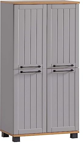 Lomadox Seitenschrank Badschrank in Landhaus-Optik, grau mit Eiche Nb., B/H/T ca. 59,8/116,9/32,6 cm