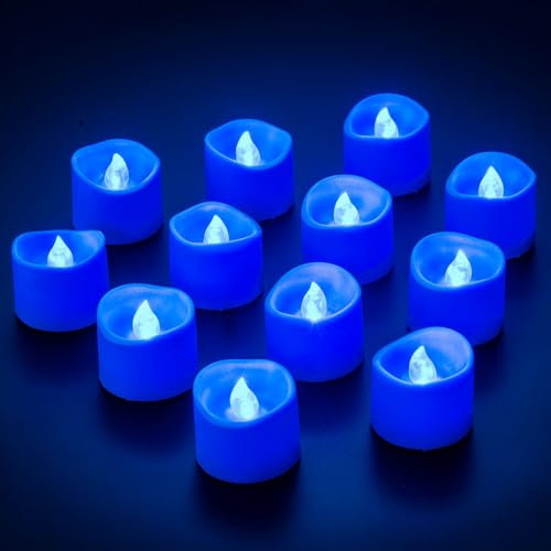 Yakpo 12 Pack Flameless Blue Tea Light Battery Operated, Blue Flickering Flame LED Votive Tealight, Outdoor Electric Fake Candles Bulk for Wedding Blue Party Birthday Halloween Christmas Decorations