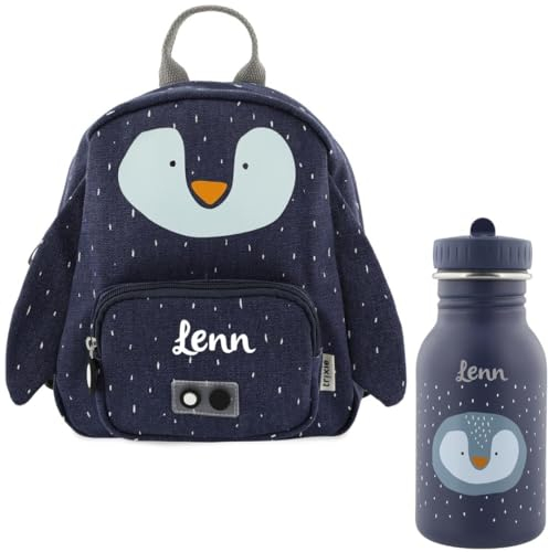 Kidslino Personalisierter Kinderrucksack mit Namen, Trixie Pinguin-Design, Ideal für Kindergarten, Kita, Verstellbare Gurte, Kinderfreundliche Reißverschlüsse, Optional mit Trinkflasche (Pinguin)