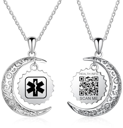 Theluckytag Medical Alert Necklace - Engraved QR Code ID Necklace for Men & Women - Custom Online Emergency Medical Info (Moon Style - Silver)