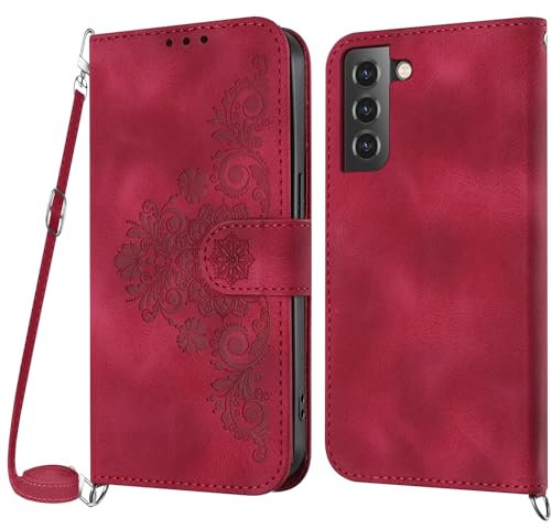 Netany Coque pour Samsung Galaxy S22 Plus avec Cordon, Etui pour Samsung S22 Plus avec Cordon Collier, Housse en Cuir PU avec [Bandoulière Réglable] Lanyard Case Cover (Rouge)