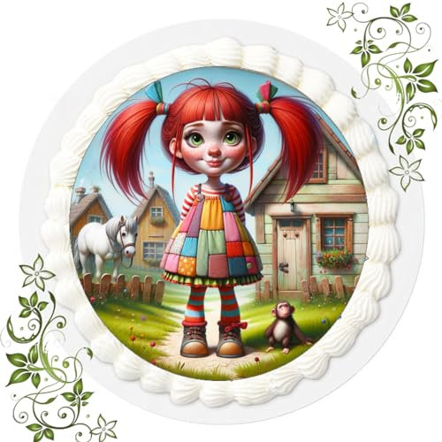 Für den Geburtstag ein Tortenbild, Zuckerbild mit Motiv, Essbares Foto für Torten, Tortenbild, Tortenaufleger Ø 20cm FONDANT Kompatibel mit Pippi Langstrumpf Nr. 1