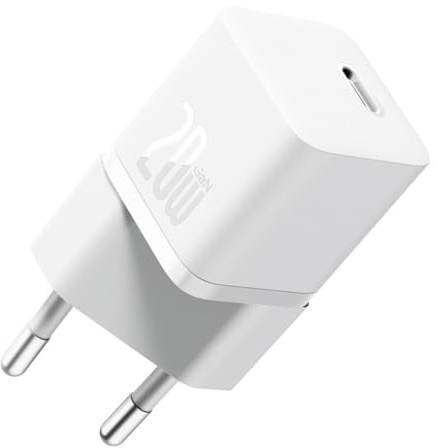 Baseus GaN5 Mini 20 W USB-C Schnellladeadapter, GaN5 Technologie (76% mehr Leistung), Intelligente Sicherheit, BT-Temperatursteuerung, kompaktes und leichtes Design, Farbe: weiß