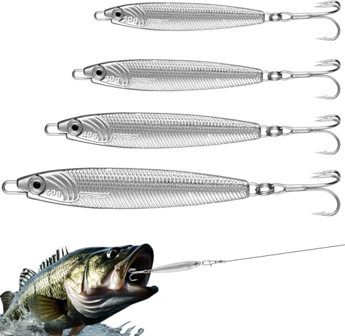 Annyswit 4 Pièces Leurres Métalliques pour la Pêche en Mer avec Hameçons Triples Argent Minnow Cuillère Leurres 20/30/40/60g Brochet Équipement de Pêche en Mer Jig Métalliques Pêche en Mer & Eau Douce