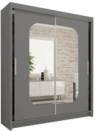 FURNITUREWAVE Alfa Sliding Door Wardrobe with Shelves & Hanging Rails White, Black, Grey & Oak Modern Furniture for Bedroom (120cm/150cm/180cm/203cm) (Grey, 203cm)