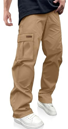 PLEPAN Men's Casual Cargo Pants Drawstring Hiking Pants Workout Tactical Joggers Sweatpants for Men Dark Khaki 3X-Large