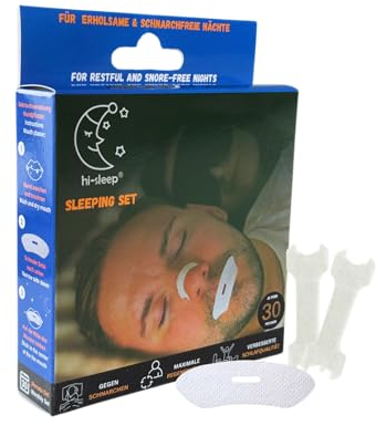 hi-sleep® Sleeping Set, 30 x Premium Mouth and Nose Plasters (2 in 1) Against Snoring, Nasal Strips and Mouth Tape, Snoring Stopper, Breathe Better