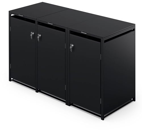blumfeldt Cache Poubelle extérieur – Acier galvanisé résistant, pour 3 bacs 60 L/120 L/240 L, Fermeture à clé, Design Moderne, abri pour Poubelle Noir