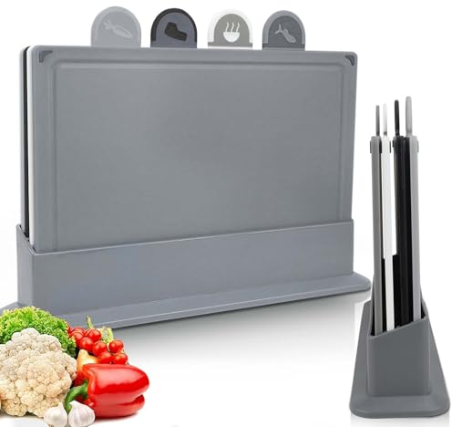 BOCHION Schneidebrett Set, Dunkel Kunststoff-Schneidbrett mit Lebensmittel-Icons & Tablettboden, Frühstücksbrettchen Rutschfest, BPA-Free, Antibakteriell für Fisch/Gemüse/Obst/Fleisch/Brot