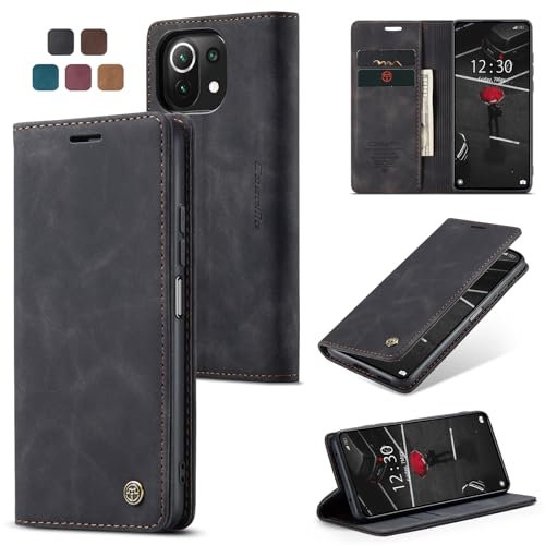 Cracedily Handyhülle für Xiaomi Mi 11 Lite 4G / 5G / NE Hülle, Klapphülle Premium Lederhülle Klappbar Flip Case Tasche Magnet Kartenfach Standfunktion Klapphülle Schutzhülle, Schwarz