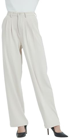 Tronjori Pantalon Habillé Taille Haute Décontracté à Jambe Droite pour Femme - Pantalon de Travail et de Costume avec Ceinture Élastique dans Le Dos, Beige, Taille S