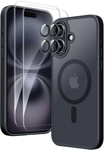 COPIKE Magnetisch für iPhone 16 Hülle mit 2 Stück Schutzfolie und 2 Kameraschutz, Handyhülle iPhone 16 Case Magnet Translucent Dünn Stoßfest Anti-Fingerabdruck Rückseite Schutzhülle, Schwarz