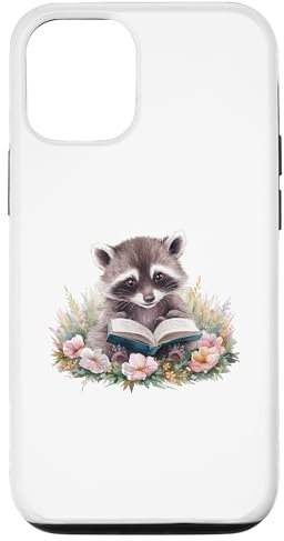 Hülle für iPhone 15 Pro Aquarell Cute Baby Waschbär Lesebuch Blumen Spaß