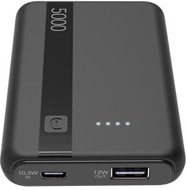 Cellularline - Power Bank 5000 - Capacità: 5000mAh - Input: 1xUSB-C 10.5W - Output: 1xUSB 12W - Celle: Li-ion Battery - LED luminosi indicano carica residua - Nero