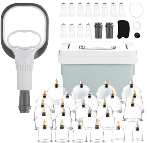 Schröpfgläser mit Vakuumpumpe, Cupping Set,24 Stück Schröpfsets für Gesicht und Körper, Schröpfen zur Gegen Spannung und Entspannen Muskeln, Schröpfglas mit Akupressurpunkt-Magneten (Storage Suitcase)