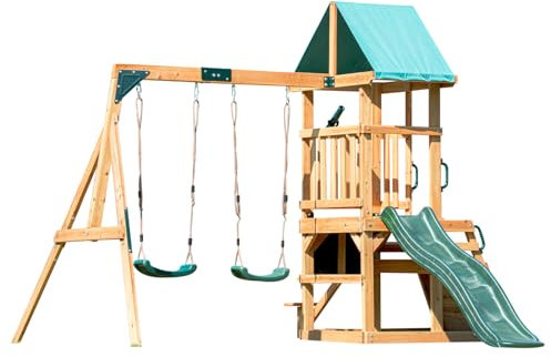 DOLPHIN PLAYGROUND Swing Set for Backyard with 2 Swings, Slide, Climbing Wall, Chalkboard, Picnic Table & Telescope – Heavy-Duty Cedar Wood Outdoor Playset for Kids Aged 3+ Years