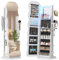LVSOMT LED Schmuckschrank mit Gewellt Spiegel, 360° Drehbarer Schmuckschrank Abschließbar, Bogen Spiegelschrank Stehend Wohnzimmer Schlafzimmer, 3 Stufiges Regal & 3 Häkchen, Geschenke für Damen, Weiß