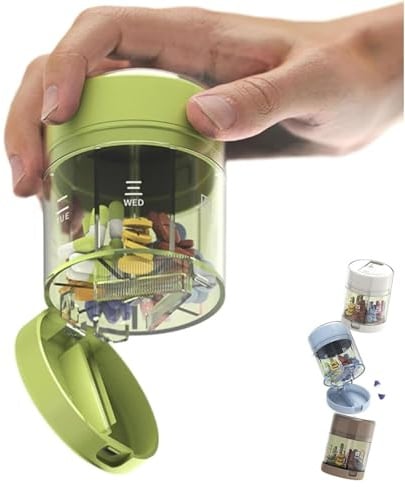 3-in-1-Reise-Pillen-Organizer, tragbare 7-Tage-Pillendose mit Cutter und Etiketten, kompakter Medikamentenspender für tägliche Medikamente, Vitamine, Fischöl und Nahrungsergänzungsmittel (Green)