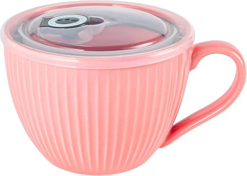 Hoilse Ceramic Soup Bowl with Handle – Large 680ml Microwave Soup Mug with Lid, Soup Container & Cup for Ramen, Porridge,Meal Prep, Breakfast,Ideal Housewarming Gifts - (Pink)