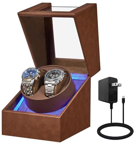 BEWISHOME Uhrenbeweger 2 Uhren, Automatik Uhrenbeweger mit LED-Beleuchtung | und 4 Modi, Watch Winder Uhrendreher mit Japanischem Leisem Motor, Typ-C-Adapter oder batteriebetrieben, ESYQ02Z