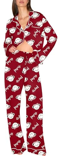 Ekouaer Damen Schlafanzug Lang Weich Pyjama mit Knöpfen | Reverskragen für den eleganten Look, Verstellbarer Gummizug mit Bindeband, V Ausschnitt