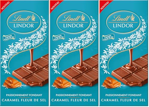 Lindt - Tablette LINDOR - Chocolat au Lait Caramel Fleur de Sel, 150g (Lot de 3)