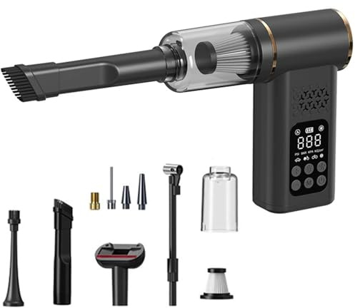 5-in-1 Cordless Car Vacuum Cleaner Portable Tire Inflator with LED Light & Digital Gauge, Smart Air Compressor with Auto Shut-Off, Powerful Handheld Vacuum for Car, Pet Hair, Motorcycle, Balls (Black)
