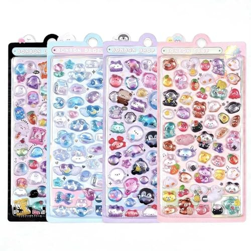 VOOSFSIE 4 Blatt 3D Puffy Sticker 200+ Kawaii Harz Deko Sticker, Süße Mini-Aufkleber Kinder, Wasserdicht Tiny Stickers for Phone Case/Notebook/Scrapbooking