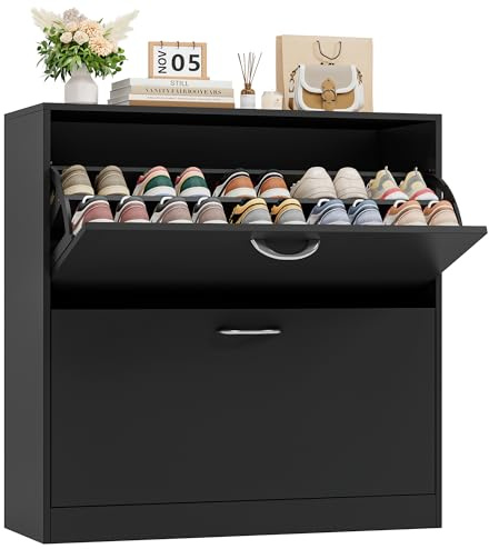 FirFurd Schuhschrank mit 2 Klappen, Schuhkipper für 8-16 Parre schwarz | Schuhschrank schmal, Schuhkipper mit verstellbaren Trennwänden, Schuhregal, Schuhkommode für Diele, Flur Eingang 80x80x23,5cm