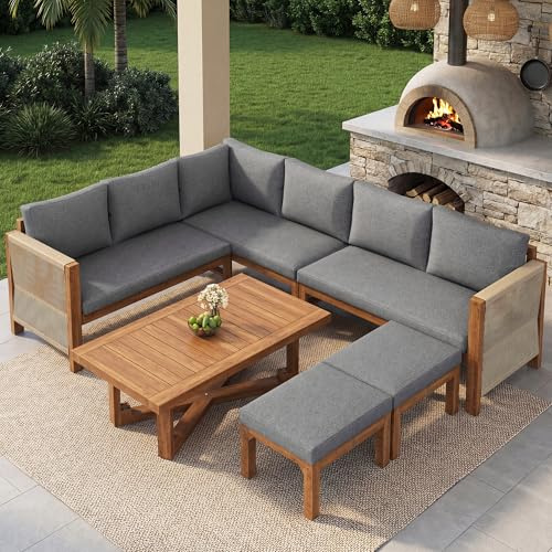 UATARU Modular Garden Furniture Set, 6-Seater Corner Sofa with Cushions, 2 Stools & Acacia Wood Table, for Terrace Patio Outdoor (Gray)