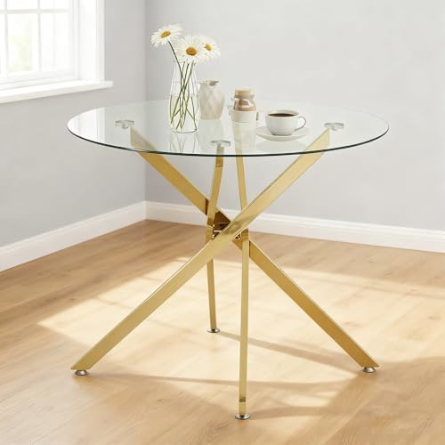 Calivra Table à manger ronde 80 x 80 x 76 cm - Table en verre avec plateau en verre trempé et pieds en métal doré - Table de salle à manger moderne pour 2 à 4 personnes - Table de cuisine au design