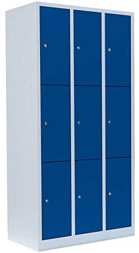 Lüllmann 9 Fächer Schließfachschrank komplett montiert grau/blau 180x88,5x50cm (HxBxT) Wertfachschrank Fächerschrank Spind Umkleideschrank 520331