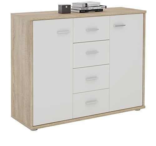 IDIMEX Buffet Salle à Manger Elodie L 89 cm Coloris chêne Sonoma et Blanc avec 4 tiroirs et 2 Portes, bahut Bas, Meuble de Rangement Style Moderne, 89 x 70 x 30 cm