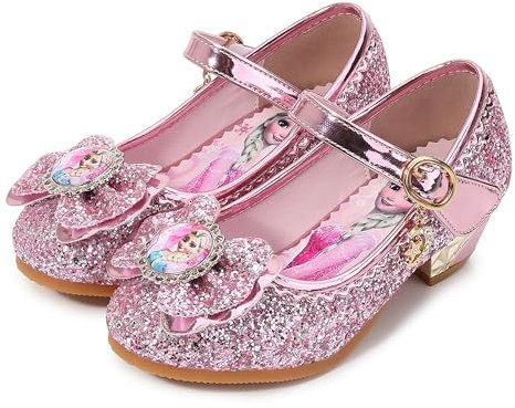 FStory&Winyee Mädchen Prinzessin Sandalen mit Absatz Kinder ELSA Schuhe Partei Glitzer Kristall Mädchen Kostüm Zubehör Karneval Verkleidung Party Aufführung Fasching Tanzball, Pink, 33 EU
